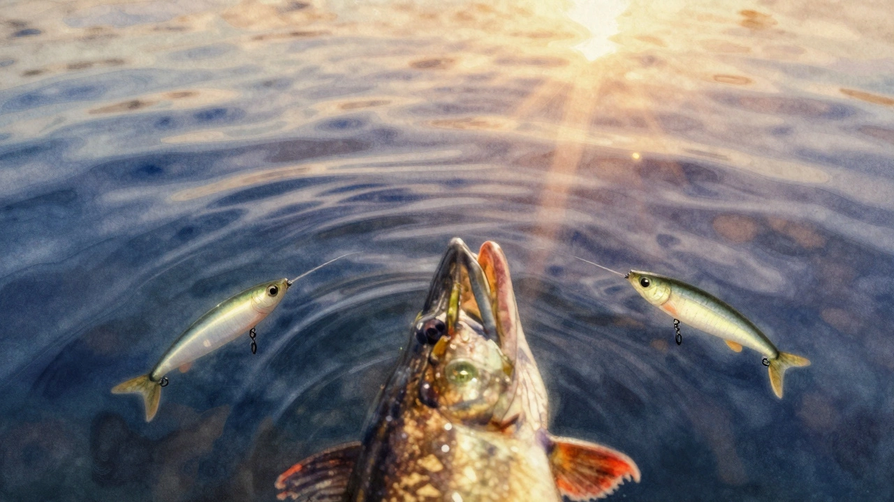 Вид щуки: три приманки — воблер, блесна и живец — плавают в воде, как естественная добыча, без людей и берега.