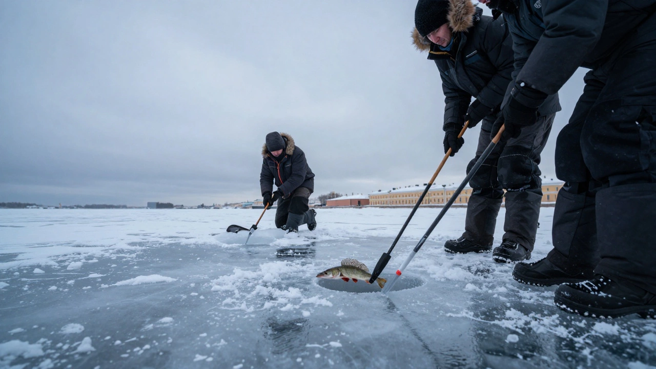 Зимняя ловля судака под льдом на Неве в Санкт-Петербурге