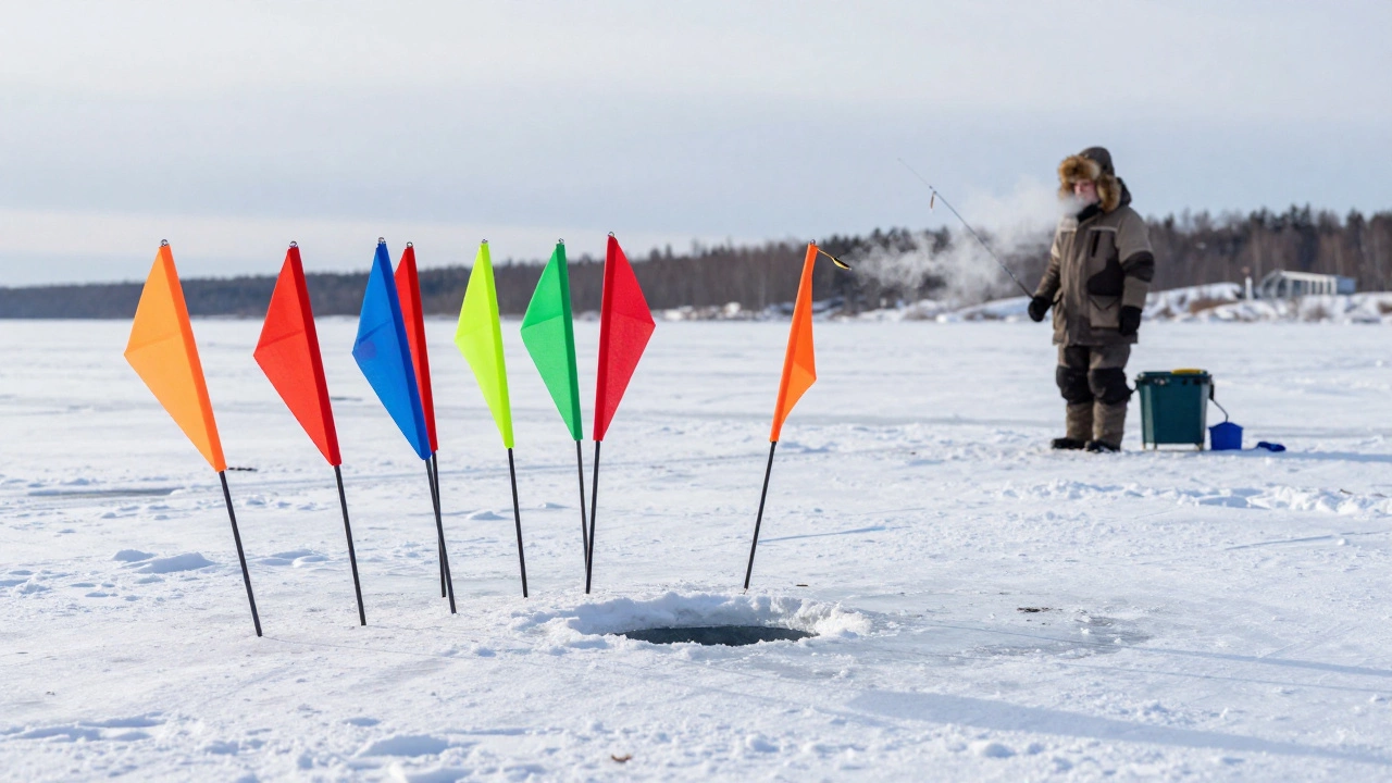 Зимняя рыбалка на льду: цветные флажки жерлиц на снегу, лунки в льду и балансир в руке рыбака.