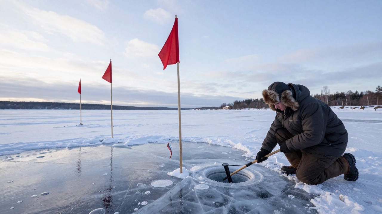 Зимняя рыбалка на льду Ладоги: жерлицы на снегу, лунки в льду и живец под водой.
