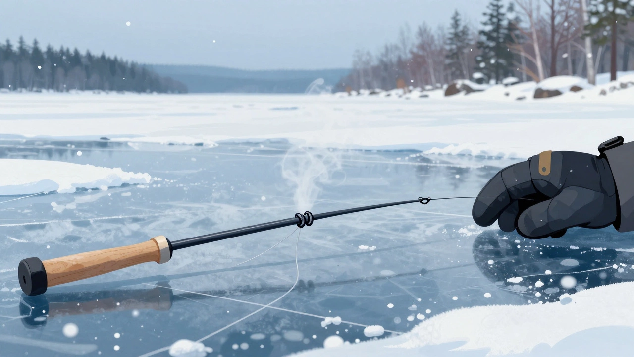 Зимняя рыбалка на Ладожском озере: плоский узел соединяет шнур с приманкой на ледяном лунке.