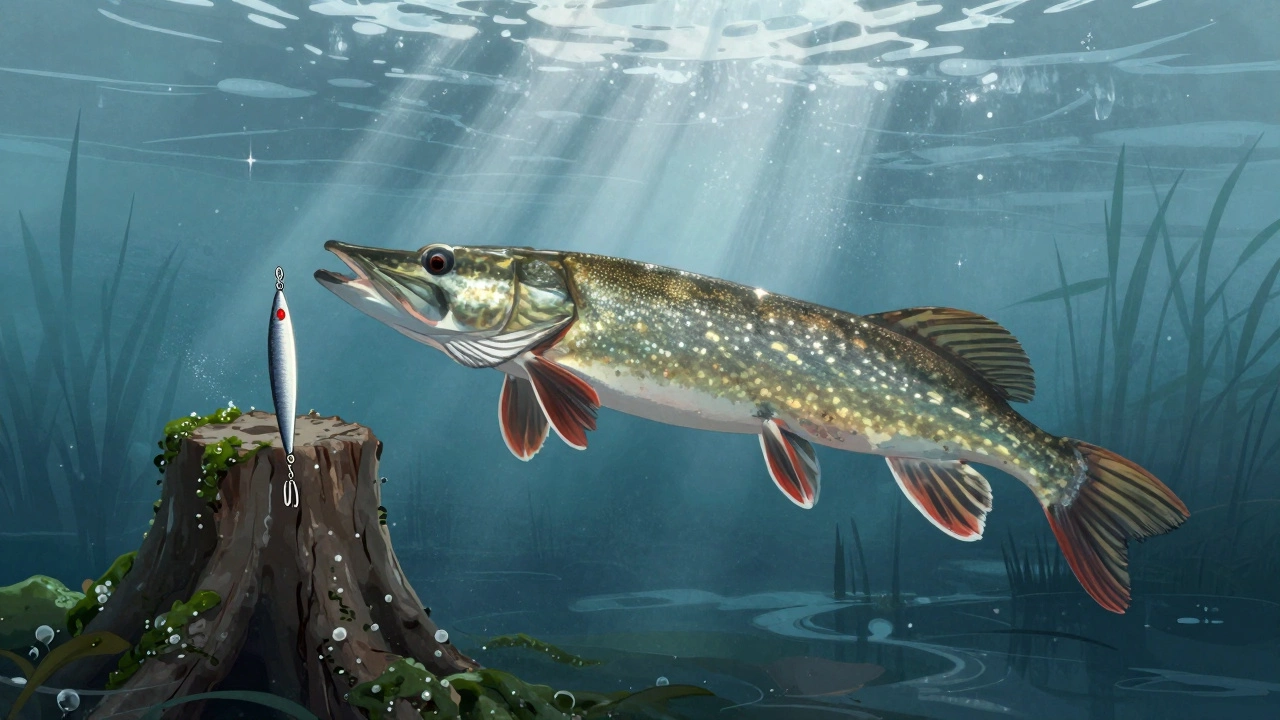 Зимняя щука внимательно наблюдает за медленно колеблющейся блесной в прозрачной воде.