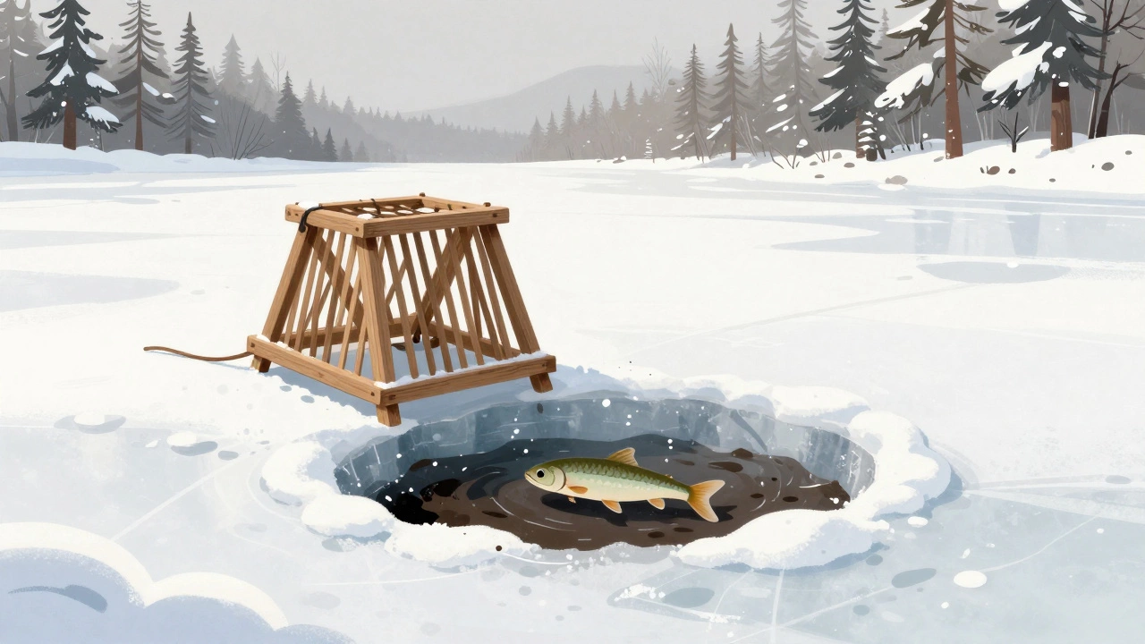 Зимняя жерлица на льду озера с живцом, плавающим в 30 см над дном, в тихой зимней обстановке.