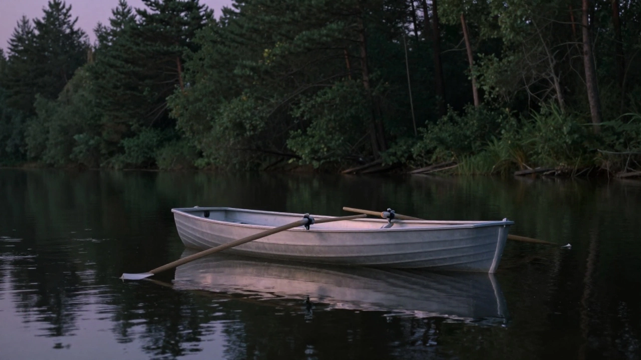 Алюминиевая гребная лодка на тихой реке в сумерках, без мотора и шума.