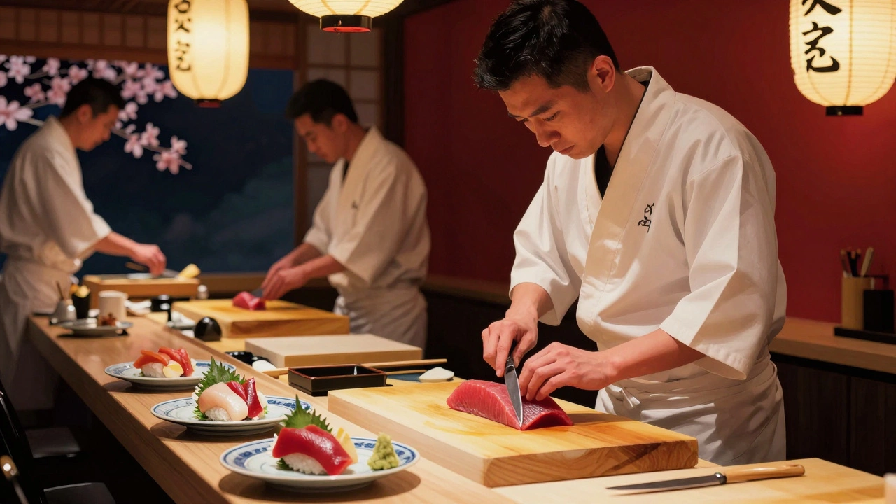 Японский повар нарезает тунца в суши-баре, вокруг — свежая сашими и тёплый свет фонарей.
