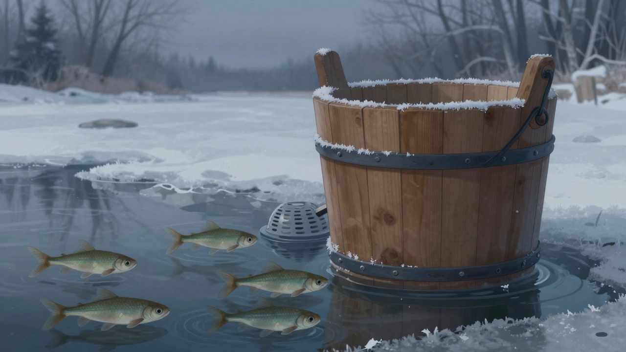 Деревянное ведро с гольянами на льду реки, с маленьким компрессором и зимним пейзажем.