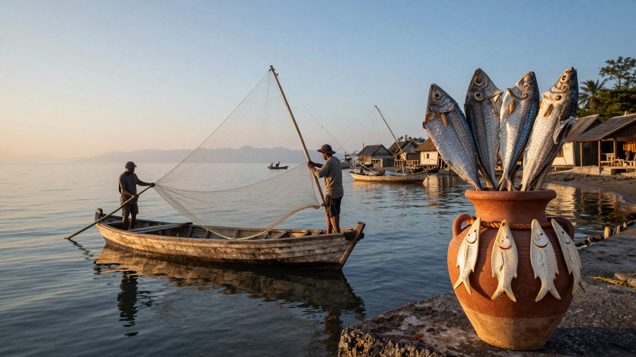 Древние рыбаки в Европе забрасывают сети из льна, рядом — керамические сосуды с рыбьей чешуей.