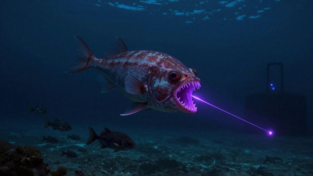 Глубоководная рыба-зверь с светящейся приманкой в темноте океанской бездны.