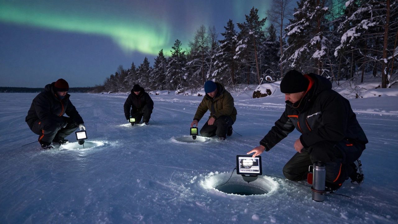Группа рыбаков на Ладожском озере использует эхолоты и планшеты для поиска рыбы на льду.