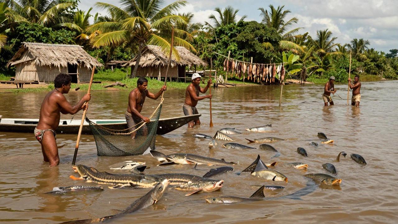Индigenous рыбаки в Амазонке ловят сомов и пираний вручную во время паводка, на фоне тропического леса.