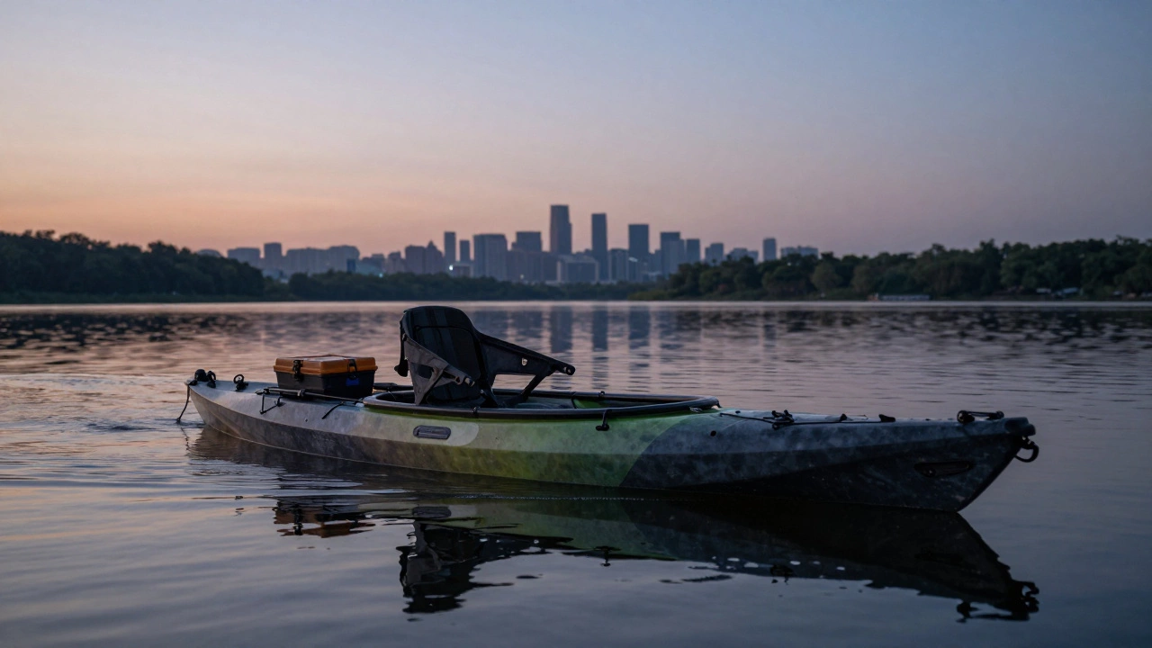 Каяк-рыбак с мотором и снастями на тихом пруду при закате.