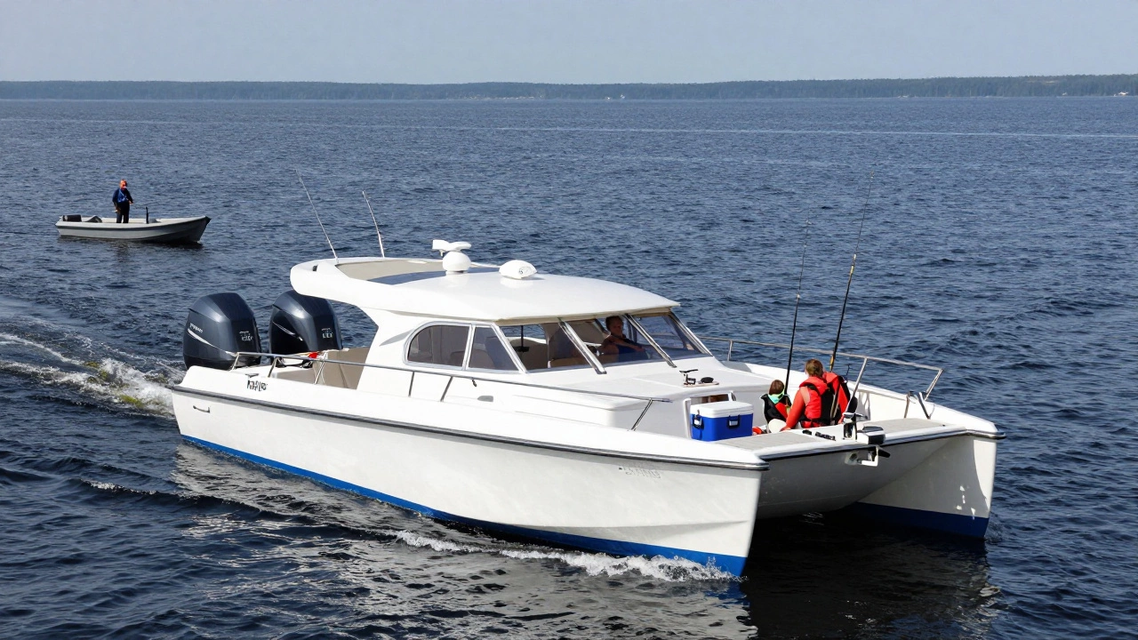 Катер с каютой на озере Ладога, семья на борту, вдали маленькая лодка, контраст размеров.