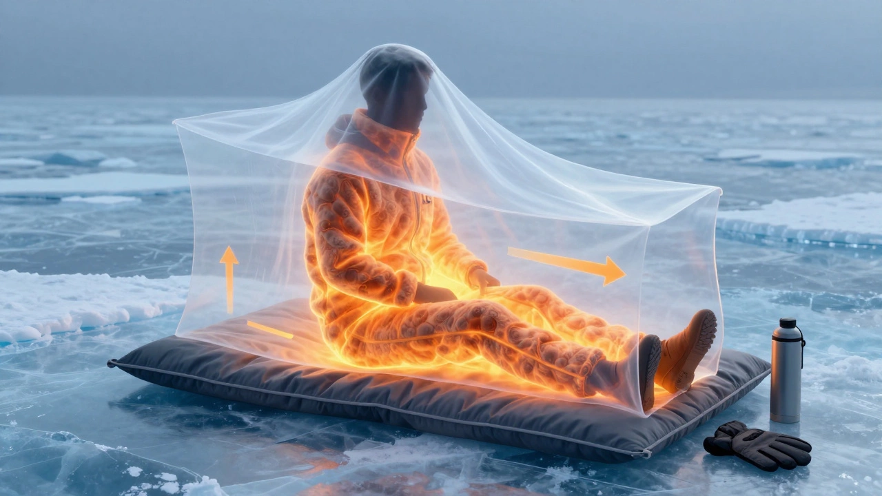 Концептуальное изображение трёх слоёв одежды, защищающих от холода, над ледяной поверхностью.