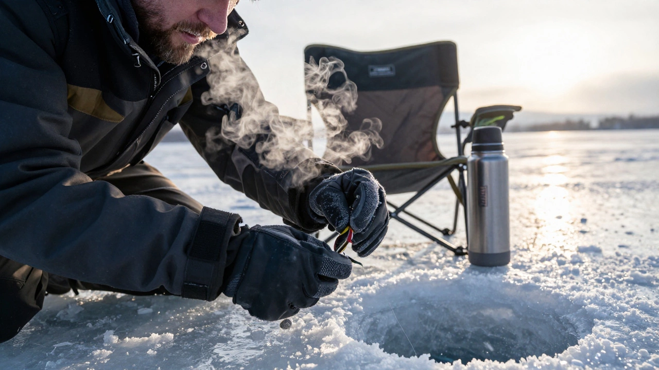 Крупный план рук рыбака в двухслойных перчатках, на фоне ледяной лунки и термоса.
