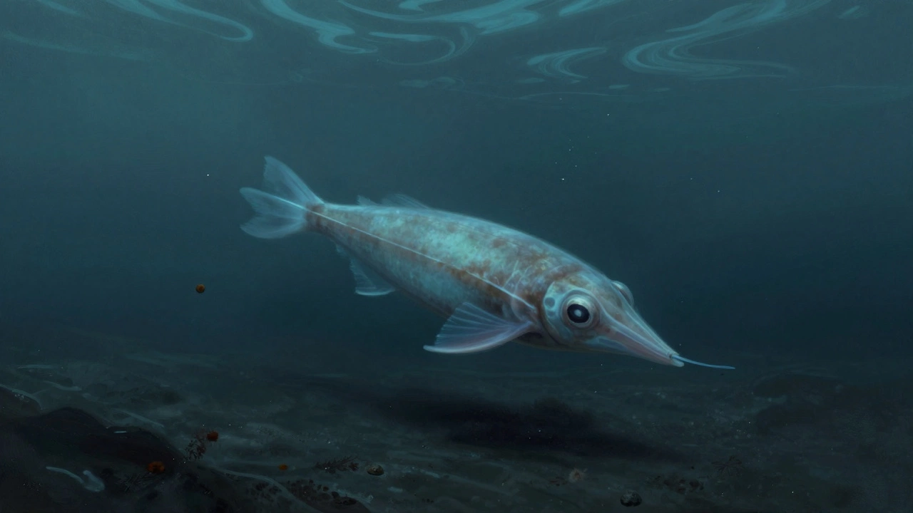 Маленькая рыба плавает над осадком в экстремальных условиях дна