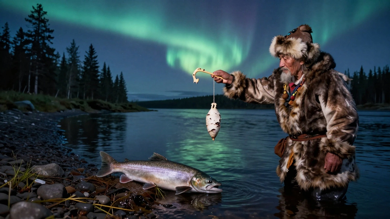 Ненецкий рыбак ловит хариуса на реке Печора при северном сиянии, без современных снастей.