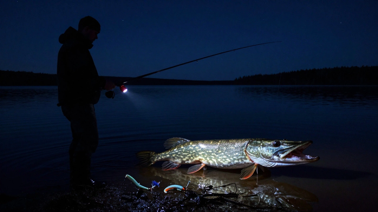 Ночная охота щуки: рыбак ловит на дне в темноте, щука выходит из тени с открытым ртом.