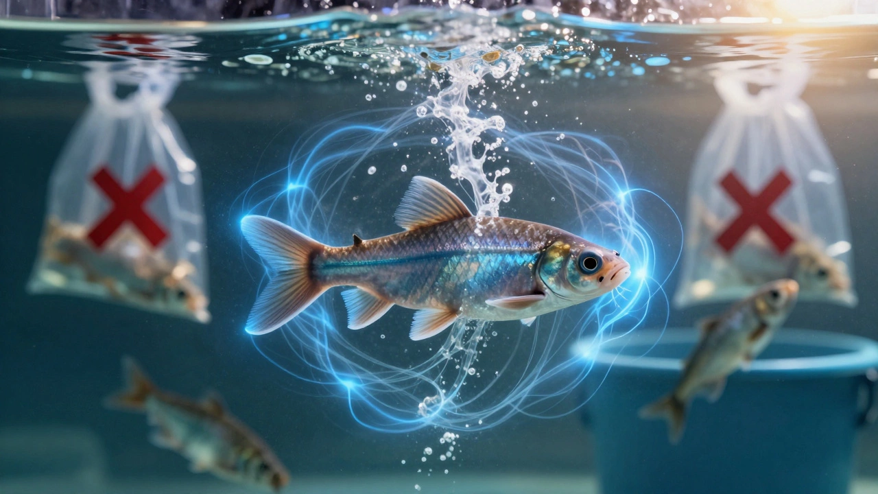 Один гольян в защитном свете кислорода, холода и чистоты, другие рыбы погибают в фоне.