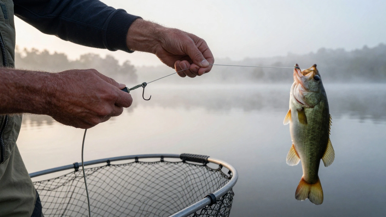 Паломар узел на плетёном шнуре, закреплённый на крючке, на фоне тихого озера.