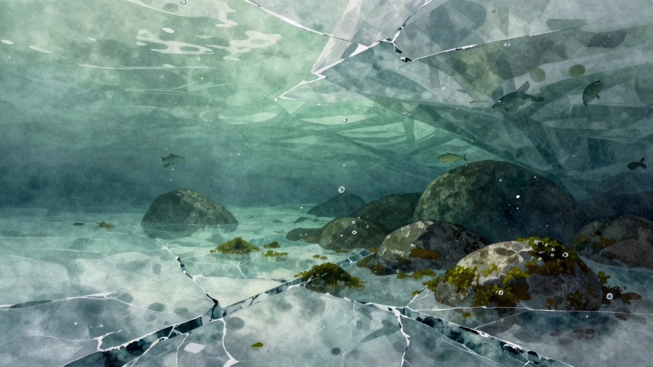 Подледная жизнь: пузыри и тени рыб среди трещин льда