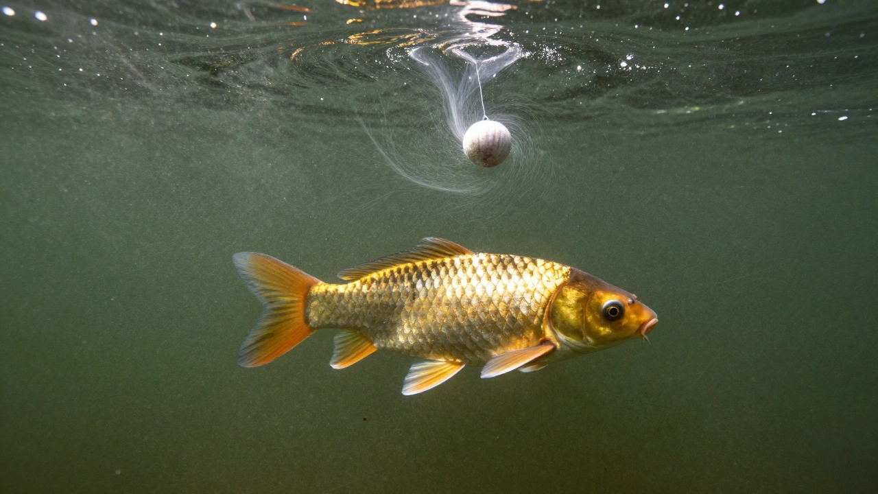 Подводная съемка карася, плывущего за насадкой с ароматическим шлейфом.