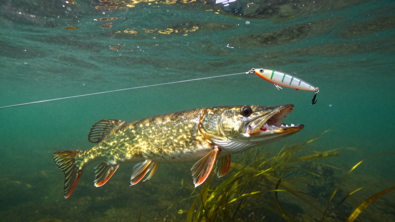 Подводный кадр щуки с приманкой и натянутым поводком
