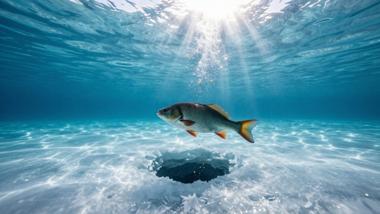 Подводный вид леща, идущего к облаку прикормки в воде