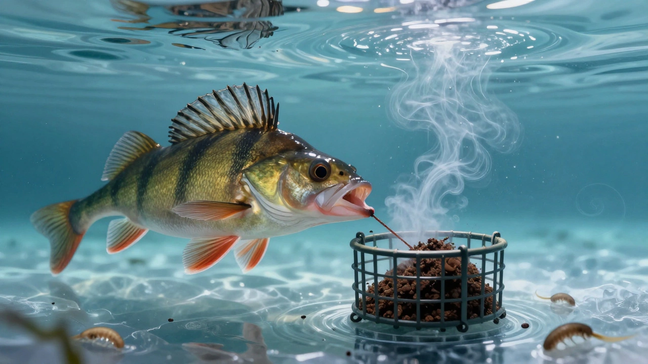 Подводный вид: окунь подплывает к кормушке с кофейной гущей, аромат рассеивается в прозрачной воде.