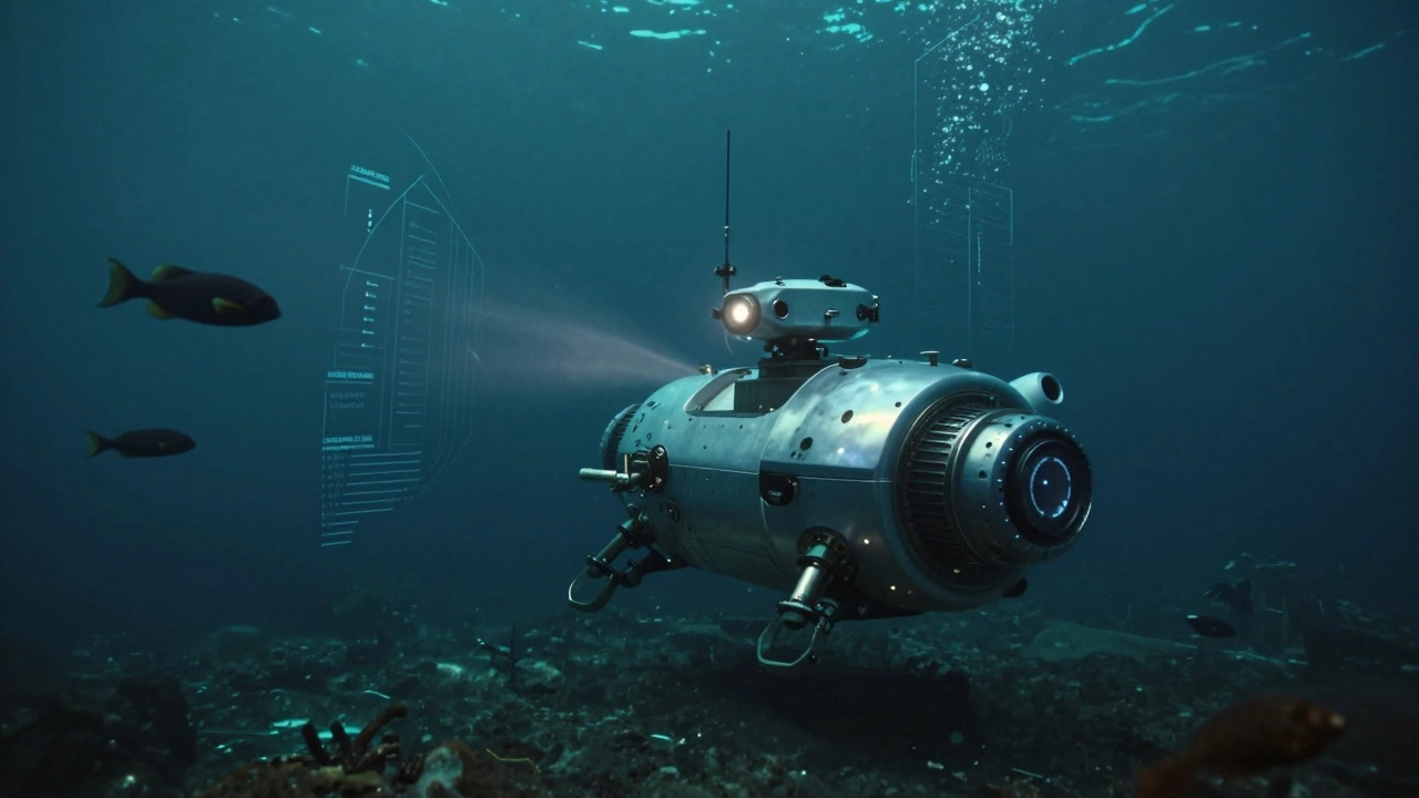 Робот-лаборатория на дне океана, исследующий глубоководных рыб в темноте.