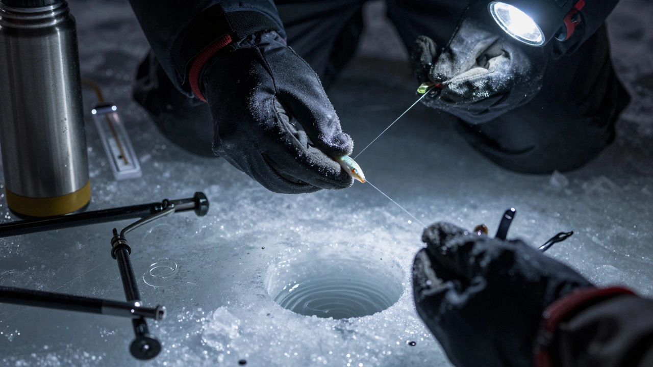 Руки рыбака в перчатках нанизывают мормышку на леску среди ледобуров и термоса.