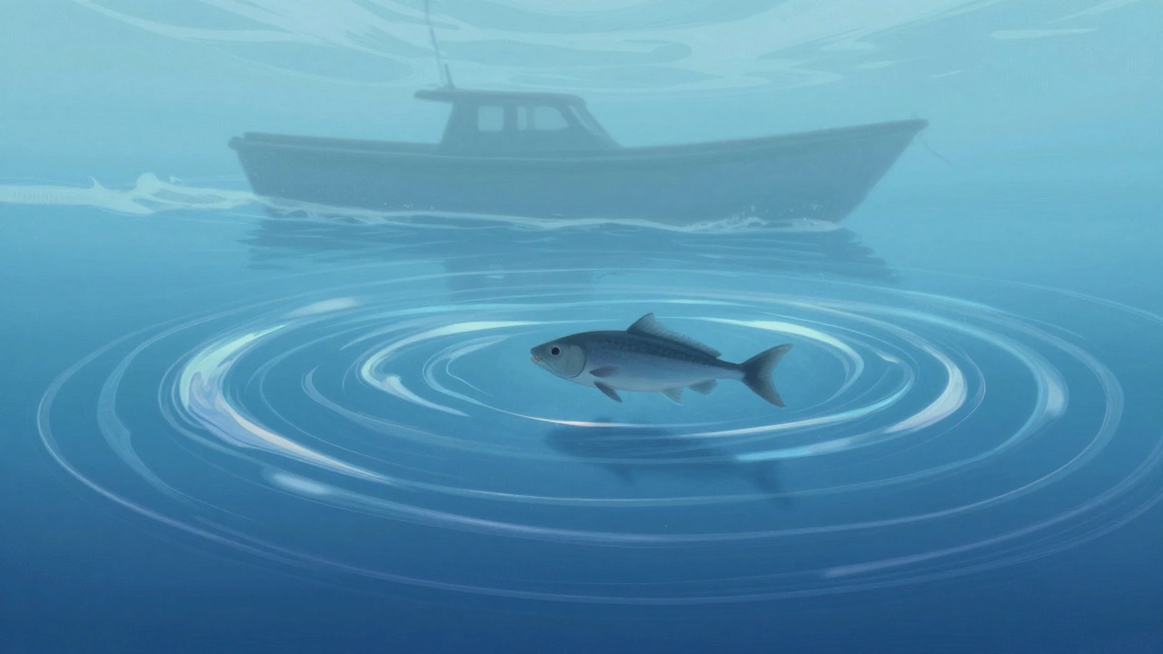 Рыба чувствует вибрацию лодки, движущейся со скоростью 3 узла, под водой.