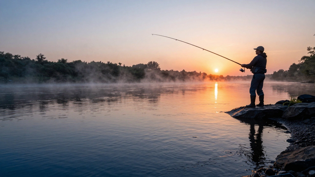 Рыбак делает заброс спиннинга в озеро под ярким утренним солнцем