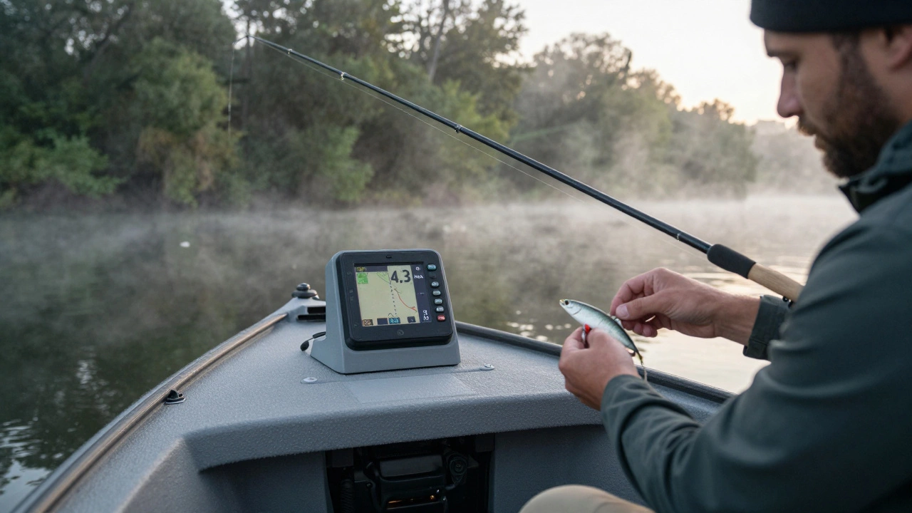 Рыбак на лодке смотрит на GPS, показывающий 4,3 узла, готовясь к ловле.