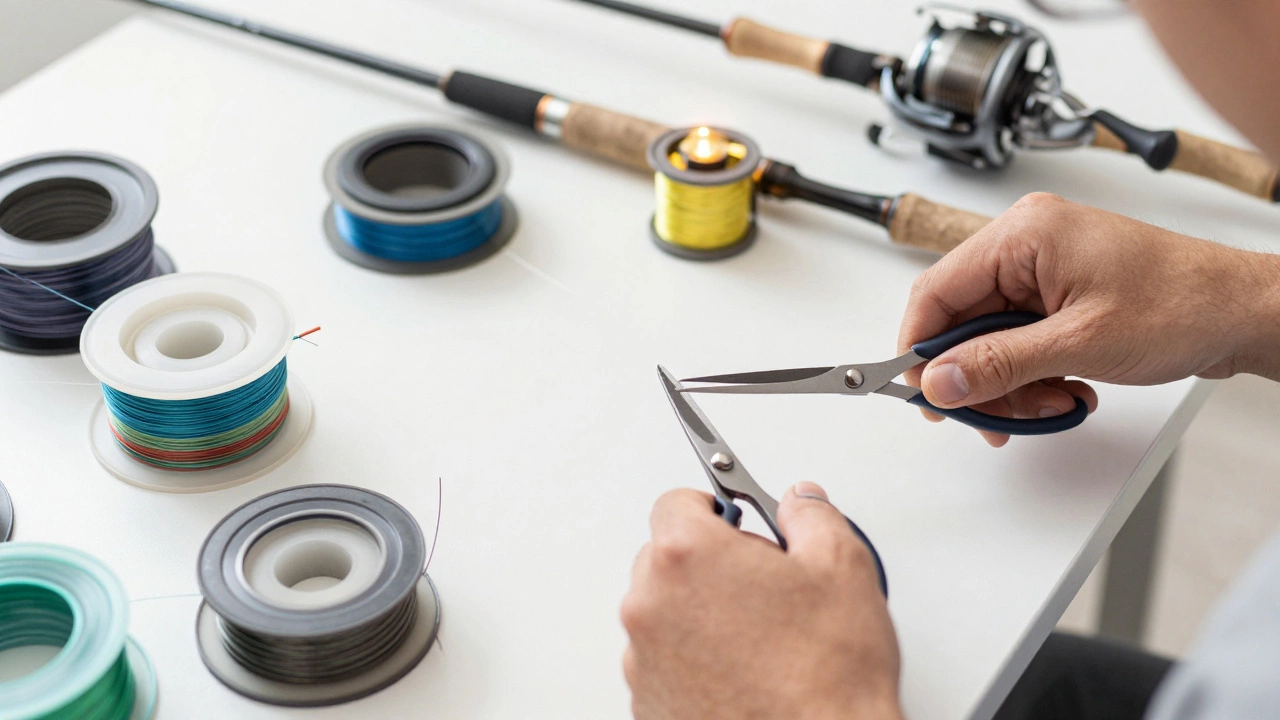 Рыбак на столе с разными типами лески и инструментами