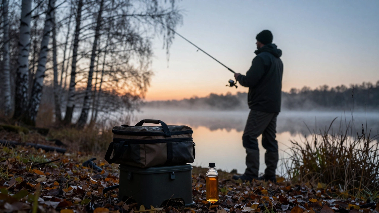 Рыбак осенью у реки с удочкой и маленькой бутылкой жидкого ароматизатора.