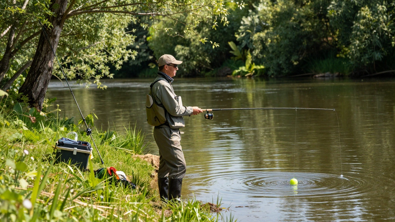 Рыбак у реки с поплавочной удочкой и спиннингом на заднем плане