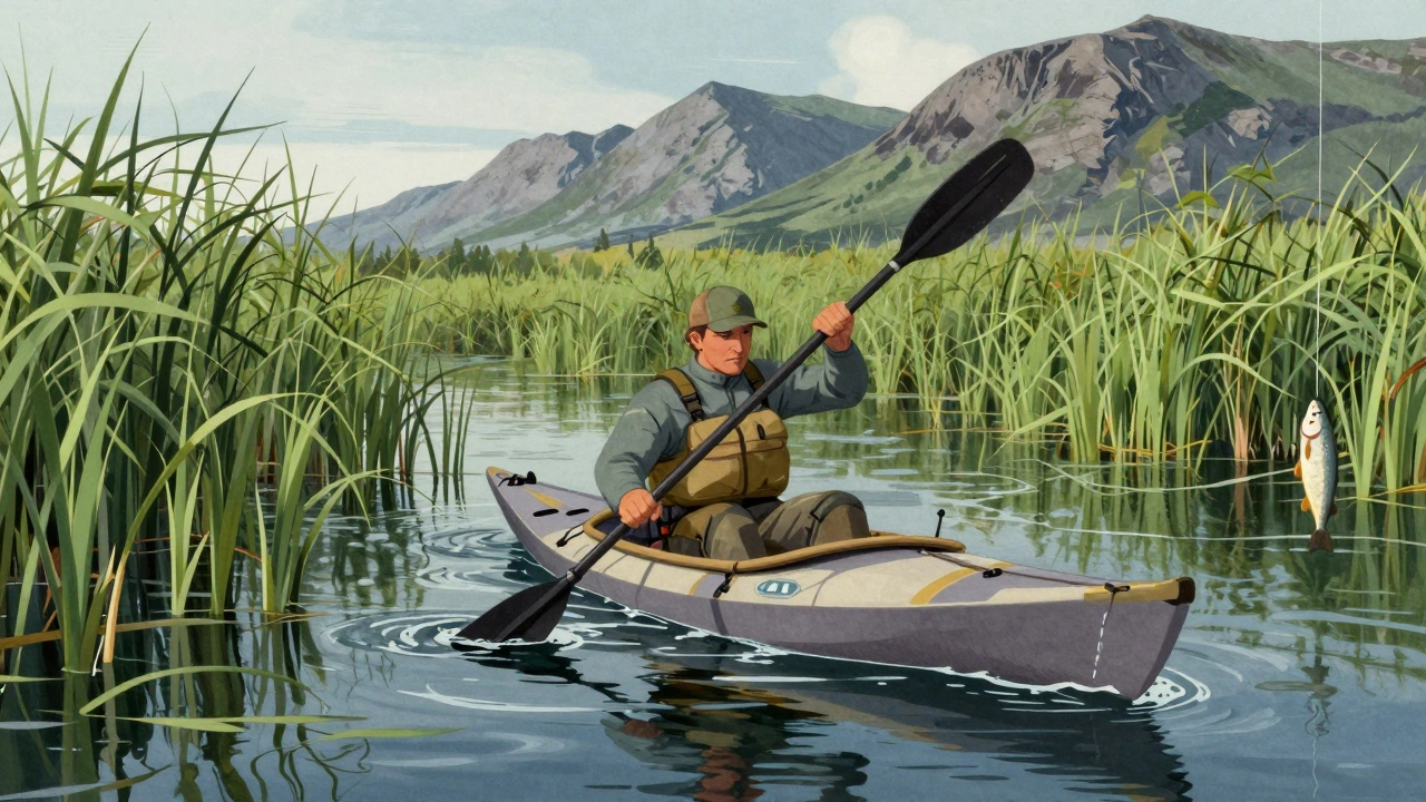 Рыбак в байдарке проплывает через тростник в сибирской реке.