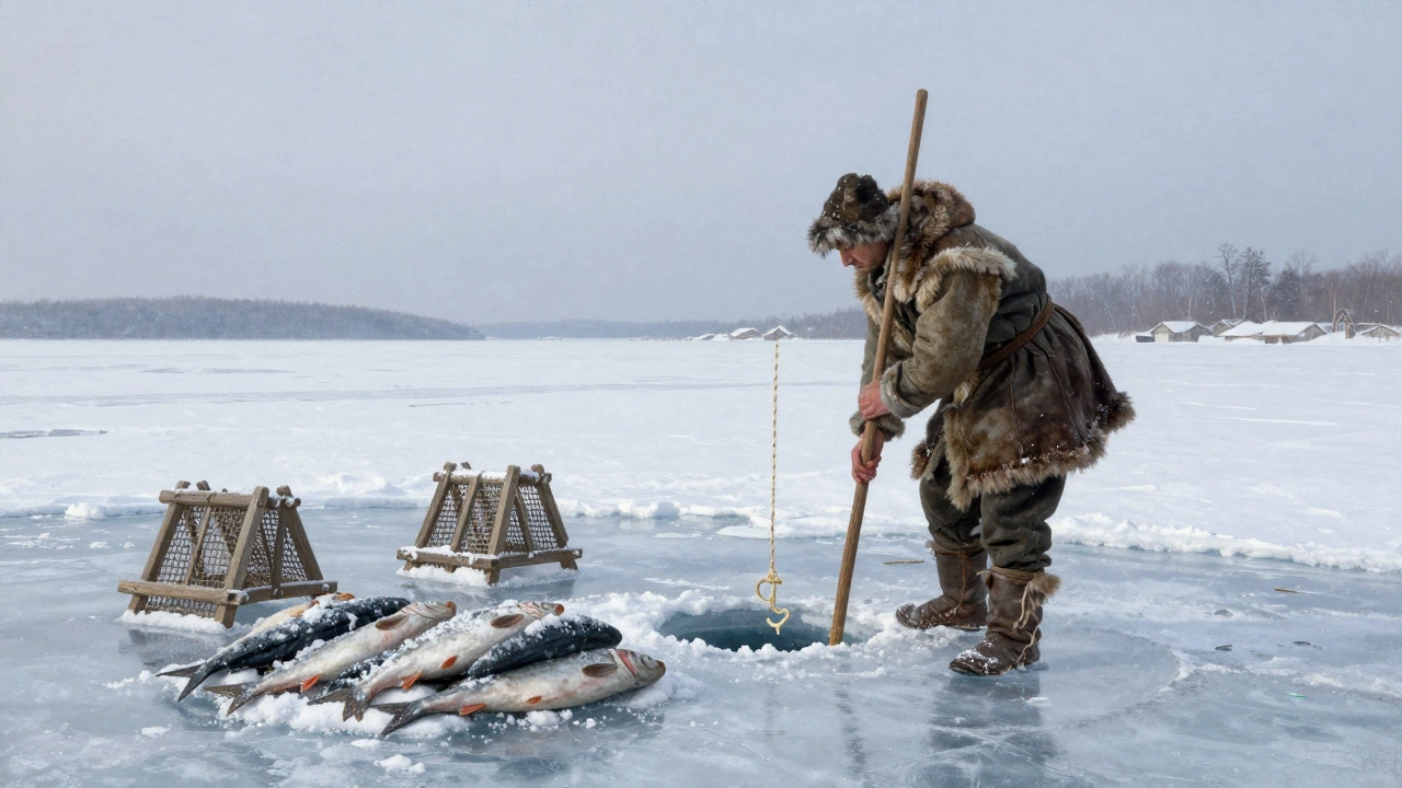 Рыбак в древней Руси ловит рыбу через ледяную лунку зимой.