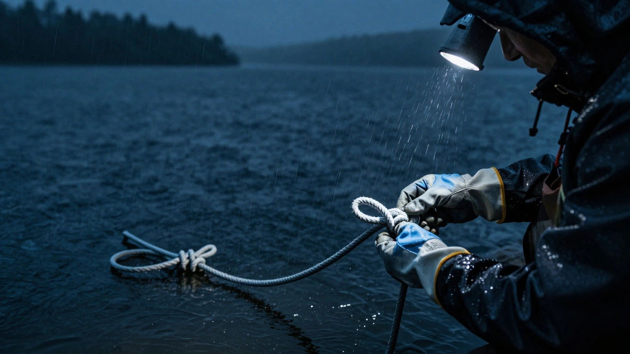 Рыбак завязывает узел восьмёрка в перчатках под дождём ночью, свет фонаря выделяет узел.