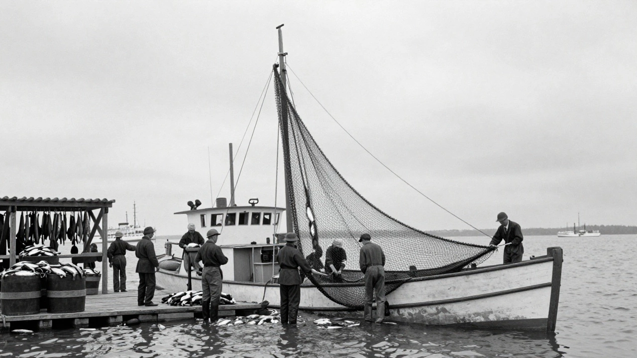Рыболовный судно в Великих озёрах с грудой выловленной форели, рабочие укладывают рыбу в бочки.