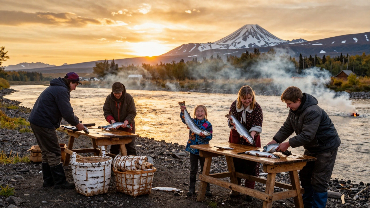 Семья в Камчатке очищает пойманную лосось на берегу реки при закате, на фоне вулканов.