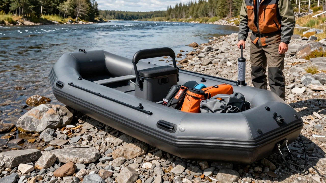 Современная надувная лодка ПВХ на берегу реки в Сибири, готовая к рыбалке.
