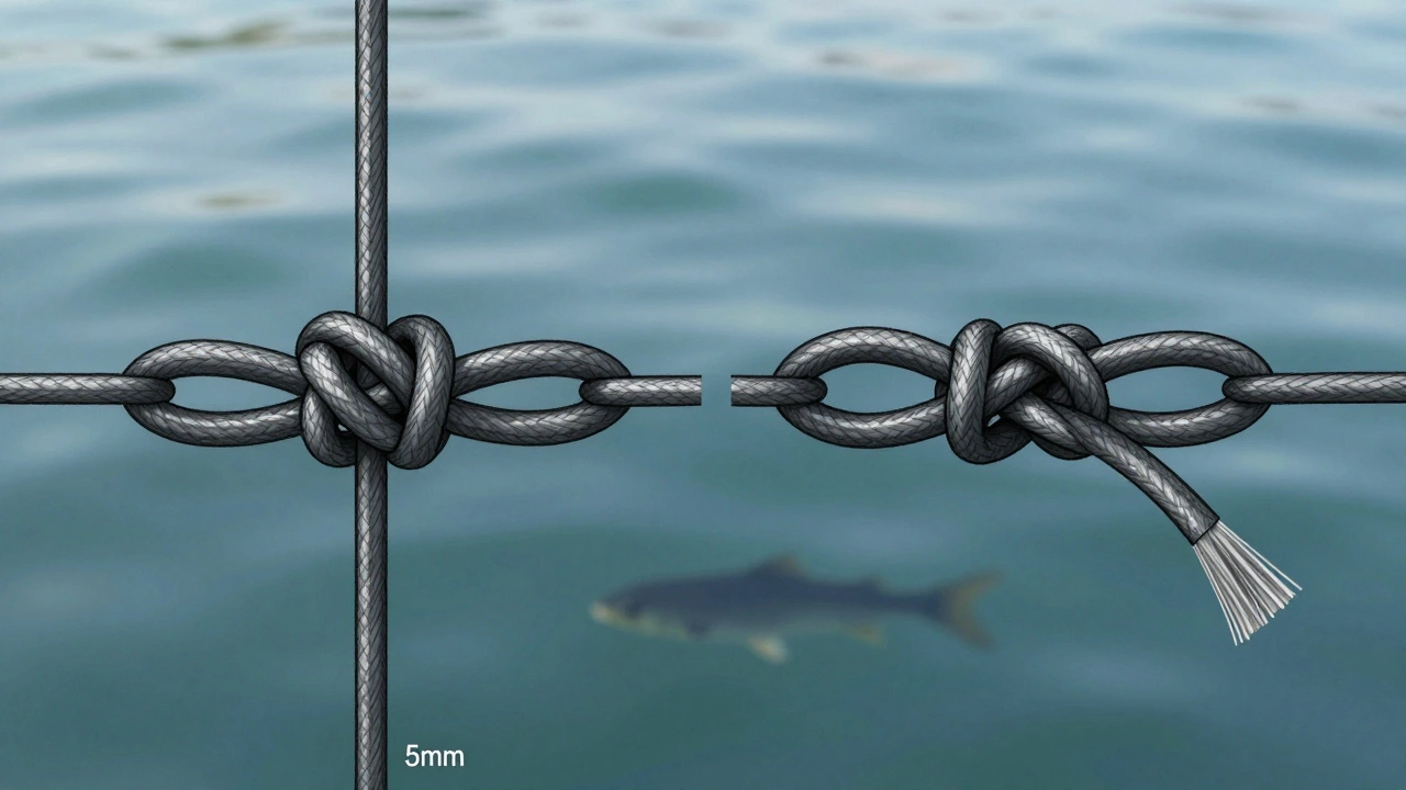 Сравнение правильного и неправильного узла восьмёрка на монофиле с разницей в длине конца.