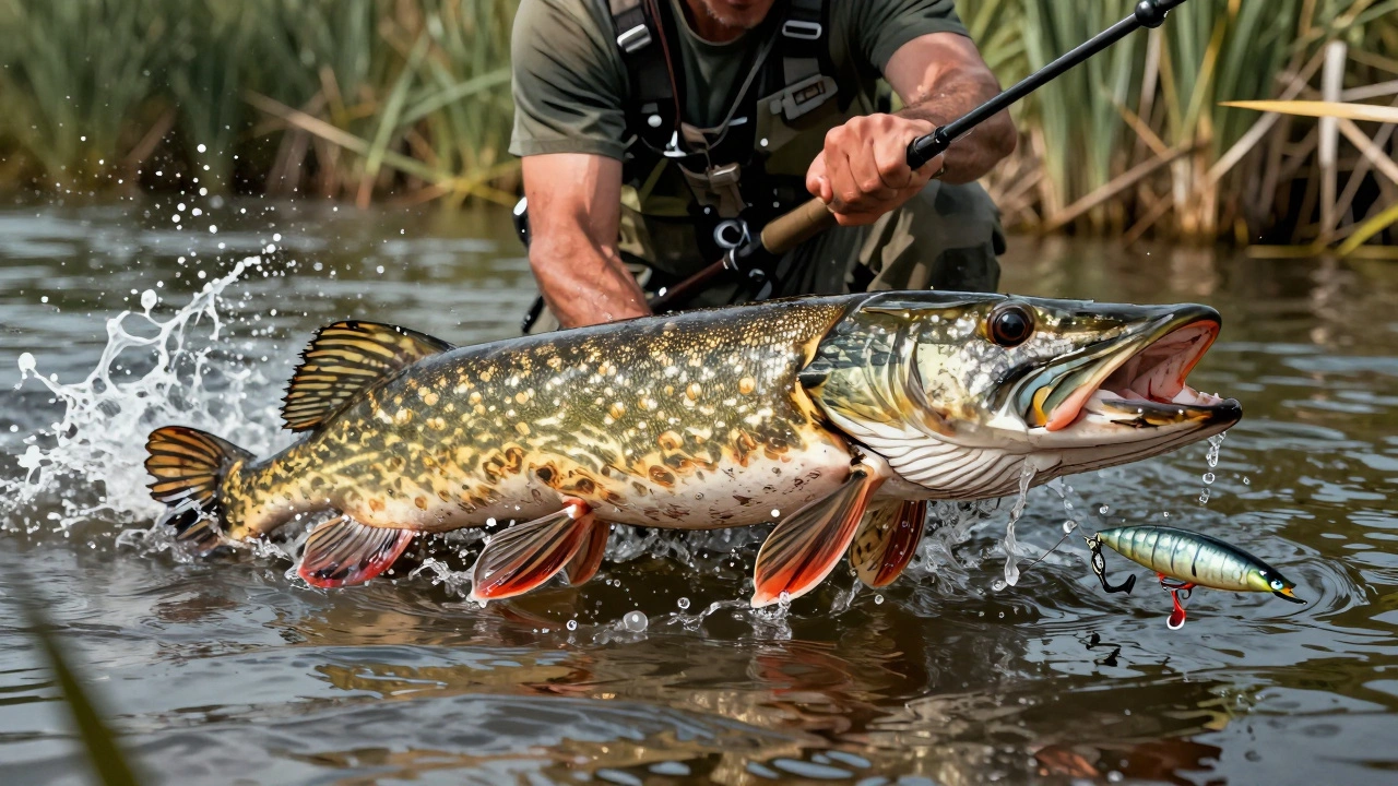 Щука атакует блесну в реке, вода брызжет, удочка в руке рыбака в движении.
