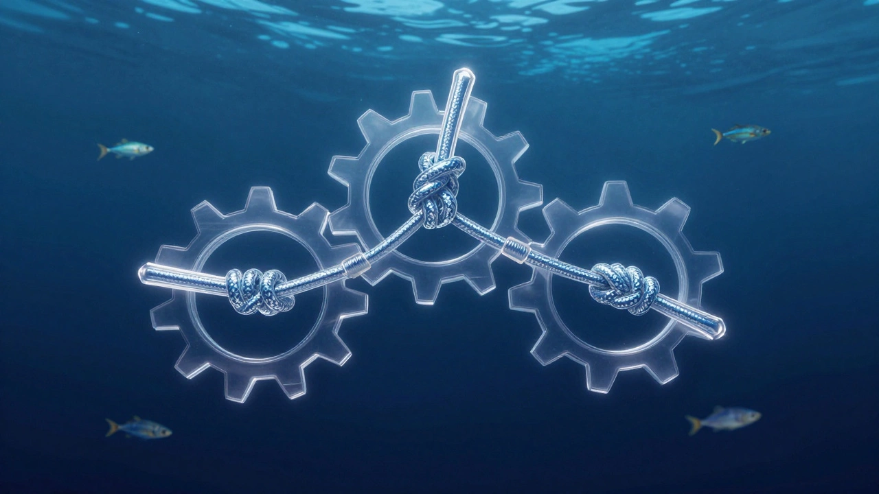 Три рыболовных узла в виде прозрачных элементов, парящих над водой с рыбами вокруг.
