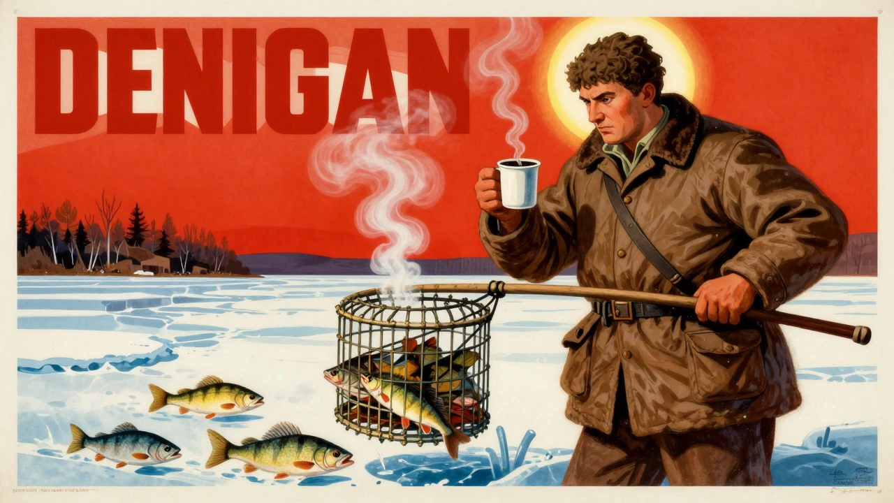 Винтажный стиль: рыбак с уловом окуня, аромат кофе поднимается к рыбе подо льдом.