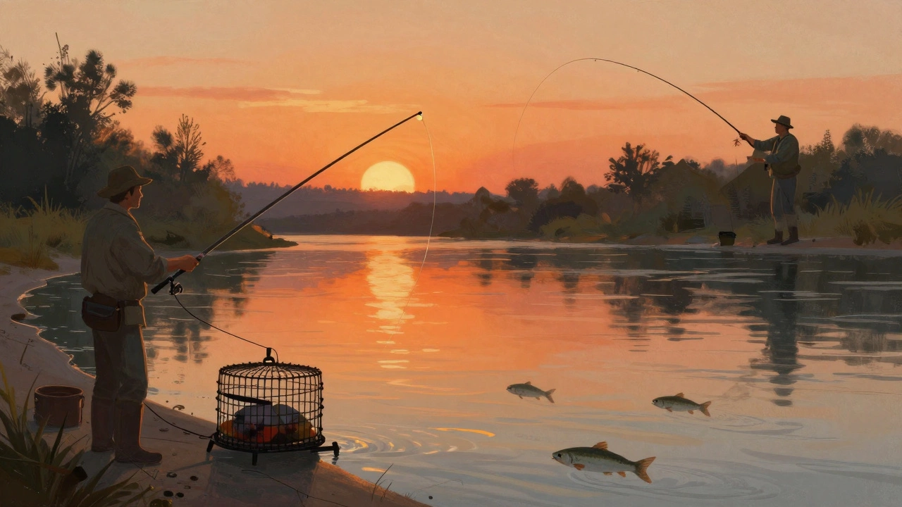 Закат на реке: три метода ловли — поплавок, фидер и нахлыст — работают одновременно.
