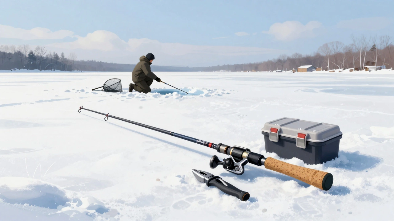 Зимняя рыбалка: короткая удочка и ледобур на снежном фоне