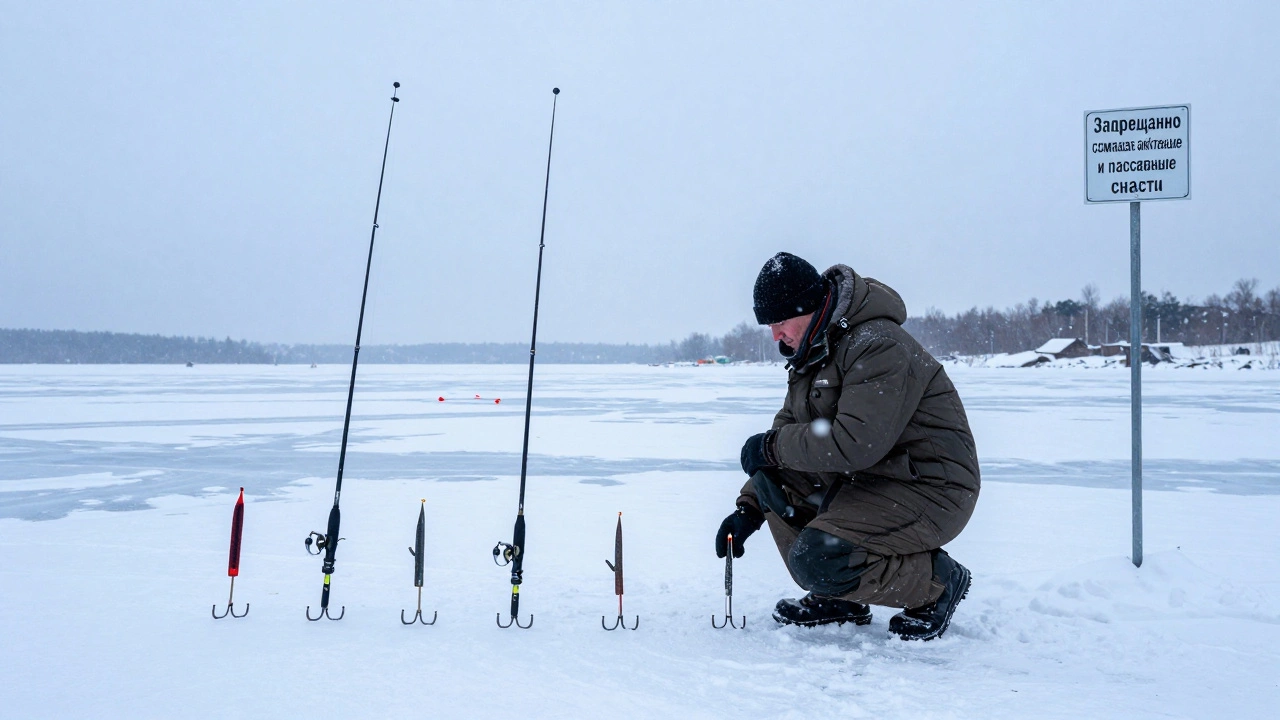 Зимняя рыбалка на льду: пять жерлиц в снегу, две удочки с кивками рядом, тихий пейзаж.