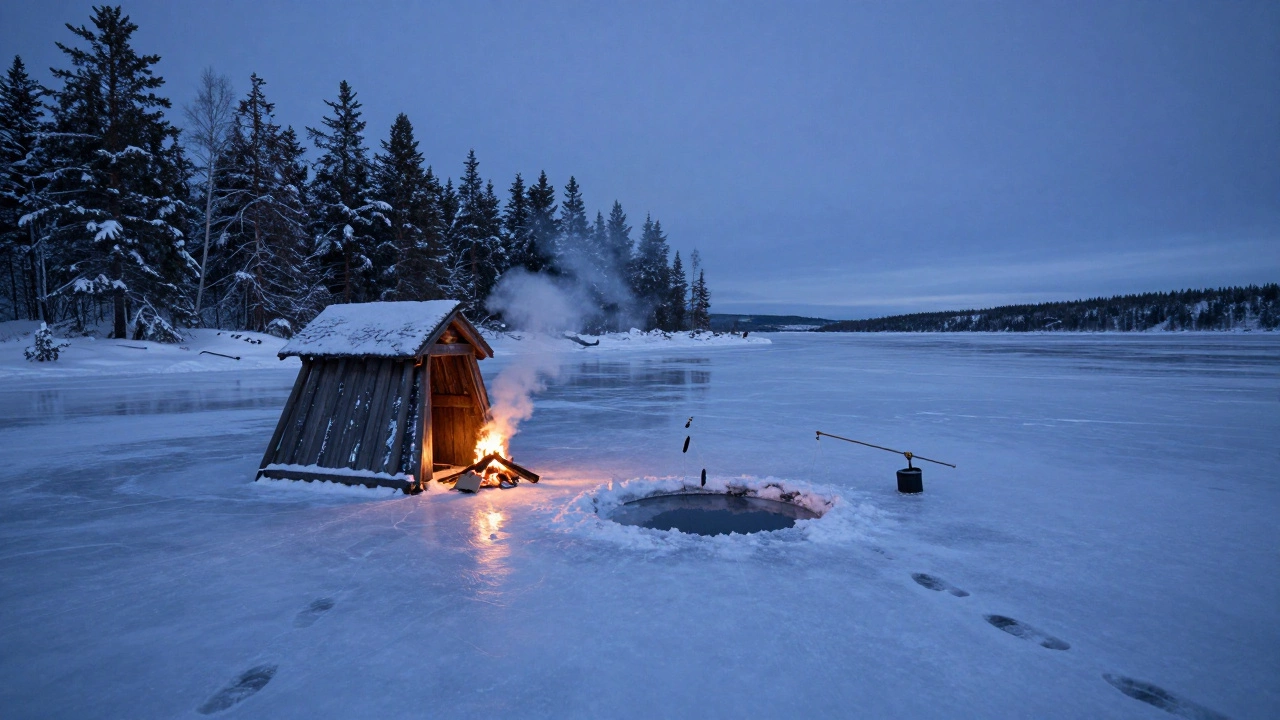 Зимняя рыбалка в Финляндии: деревянная будка на льду озера с традиционными жерлицами.